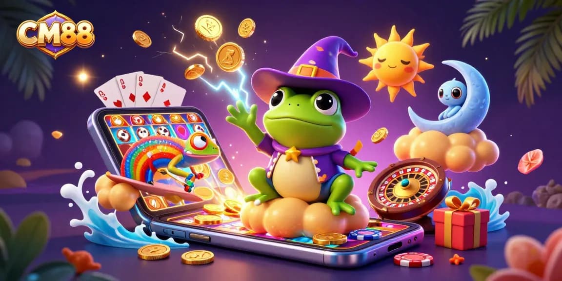 CM88 showcases thrilling golden coins raining down in a vibrant casino-themed illustration.