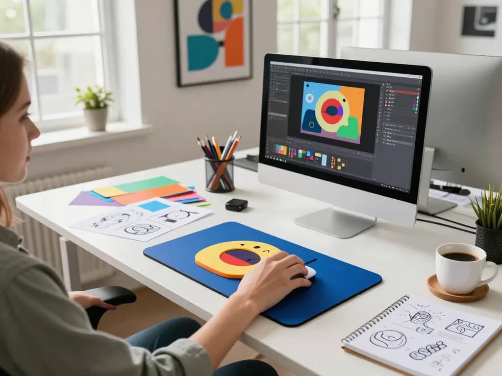 Custom 3D mouse pad design process showcasing vibrant workspace elements.