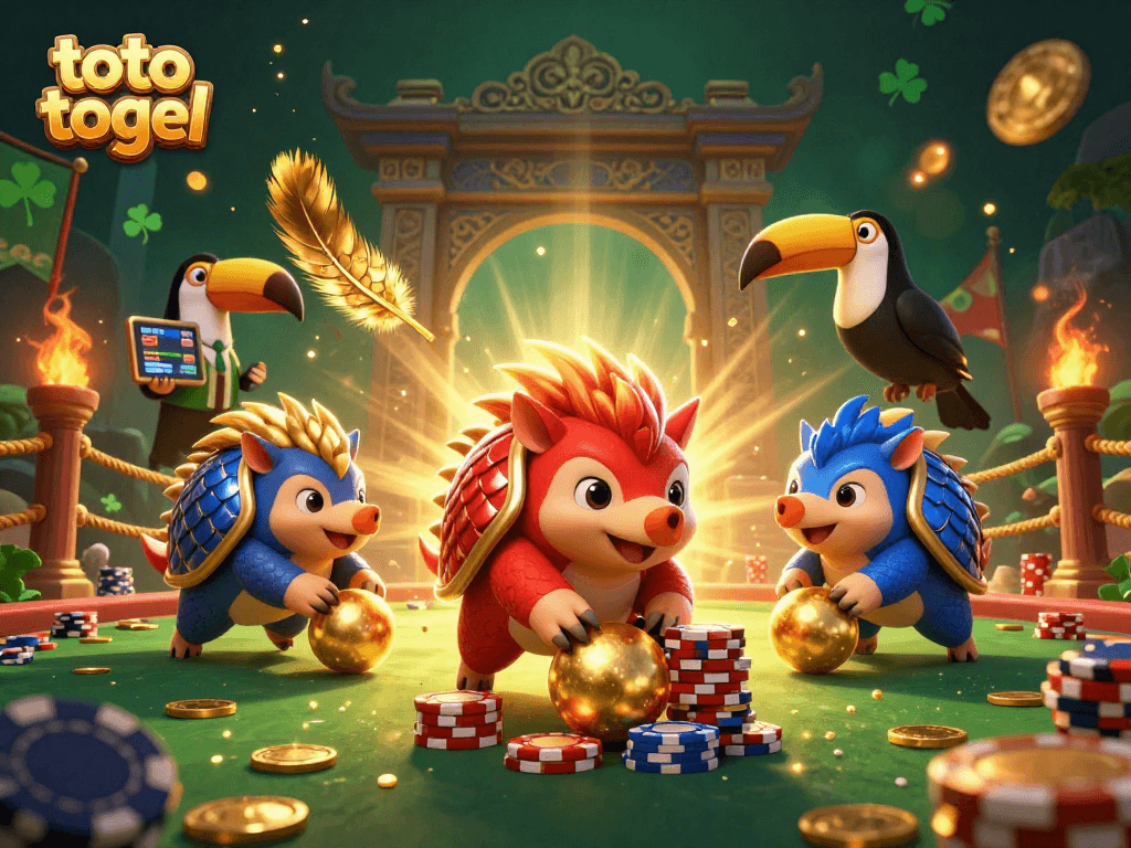 Pertarungan seru dua pangolin dalam armor mewakili toto togel yang saling beradu bola emas di atas tumpukan chip poker.