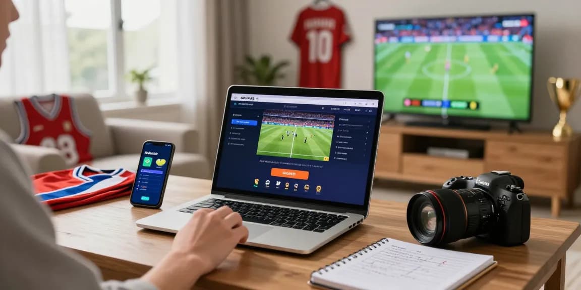 Bola88 online betting experience with user engaging on laptop in a cozy living room surrounded by sports memorabilia and a live game.