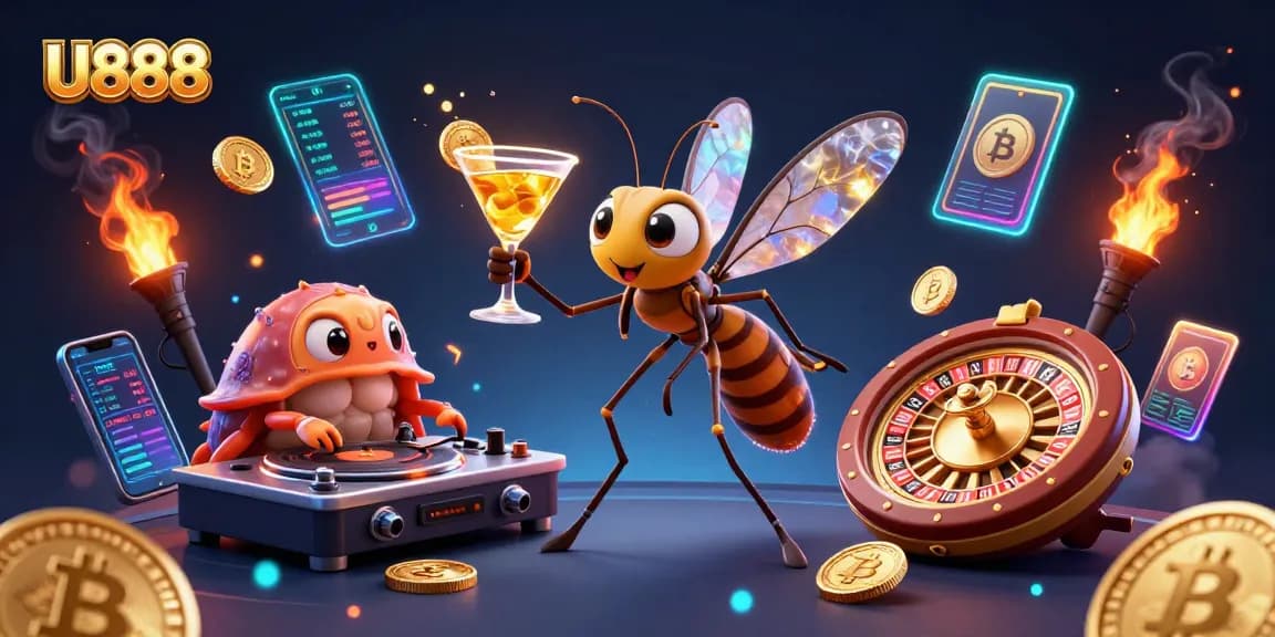 Win big at U888 with a cartoon frozen mosquito mascot, a trilobite DJ, and a golden roulette wheel, creating excitement in the casino.
