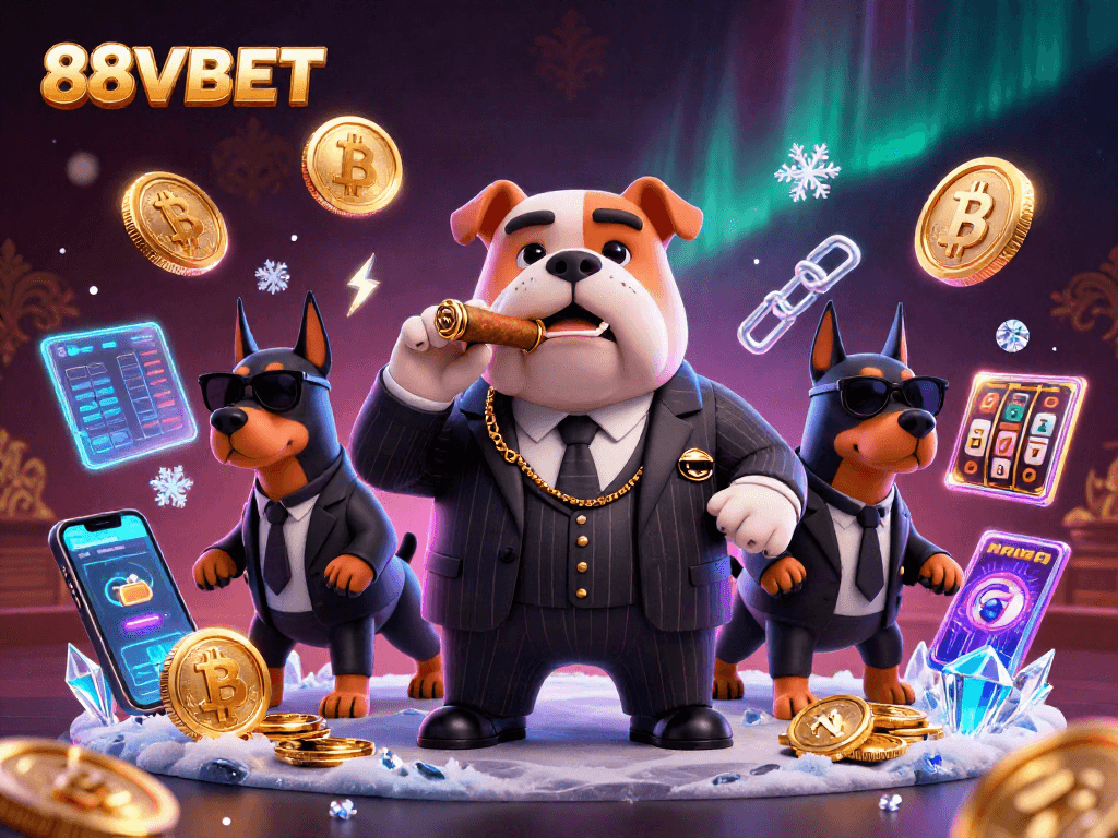 Play exciting casino games with 88VBET, featuring a mafia bulldog and bodyguards amidst slot reels and digital coins.