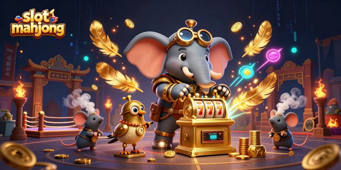 Spin the slot mahjong machine in this vibrant steampunk-themed casino scene.
