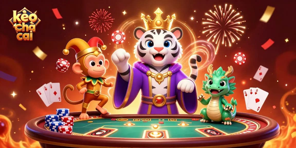 Experience the excitement of kèo nhà cái with a lively scene featuring poker elements and vibrant characters.