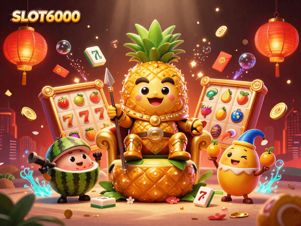 SLOT6000 unveils a vibrant scene with characters and slot symbols celebrating online gaming at a tropical beach casino.
