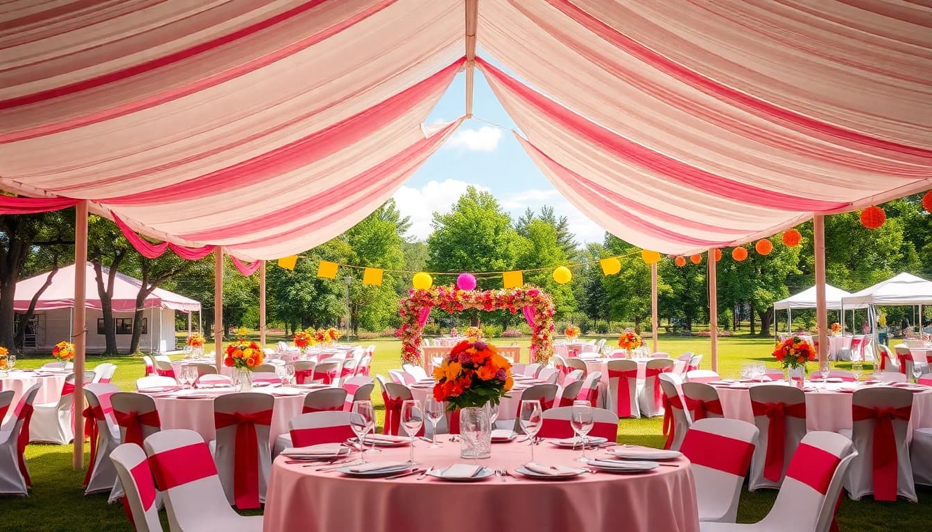 Party Tent Rentals set in a festive outdoor location with colorful decorations and table settings.