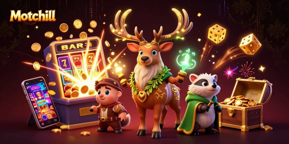 Experience the excitement of Motchill with an animated jackpot bursting with coins.