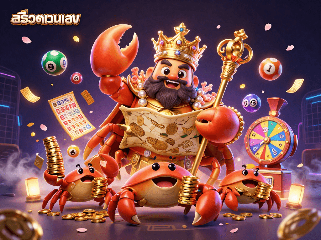 Engage with สล็อตเว็บตรง illustrated by a golden crab emperor guiding lottery elements in a vibrant scene.