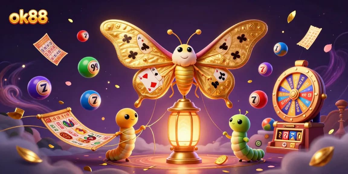 Engage with the ok88 lottery experience amidst a vibrant 3D casino scene filled with dynamic elements.
