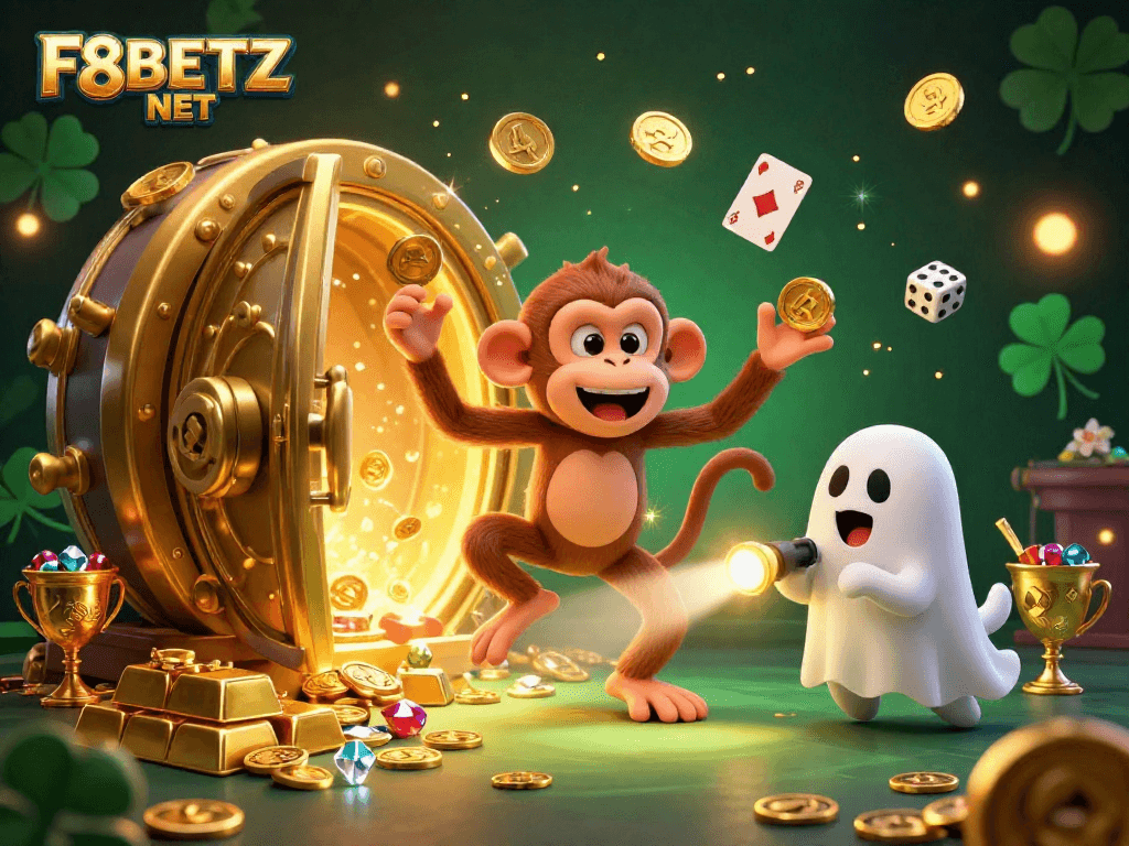 Join the thrill at F8BETZ NET as mischievous characters juggle gold in a lively casino scene.