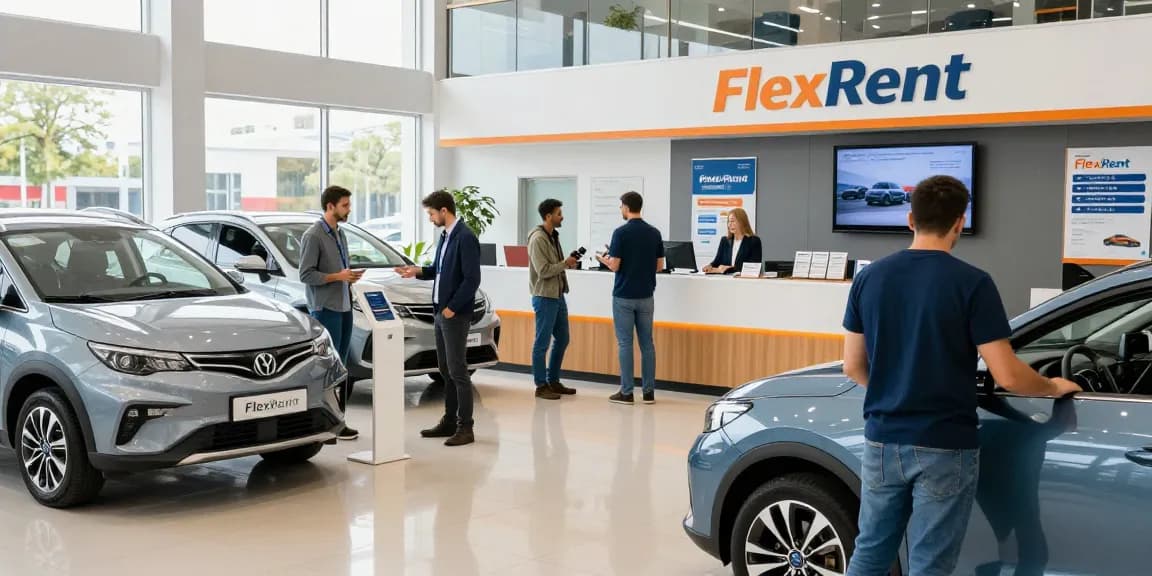 FlexRent customer interacting with staff at a car rental office in Chișinău, showcasing various vehicles.