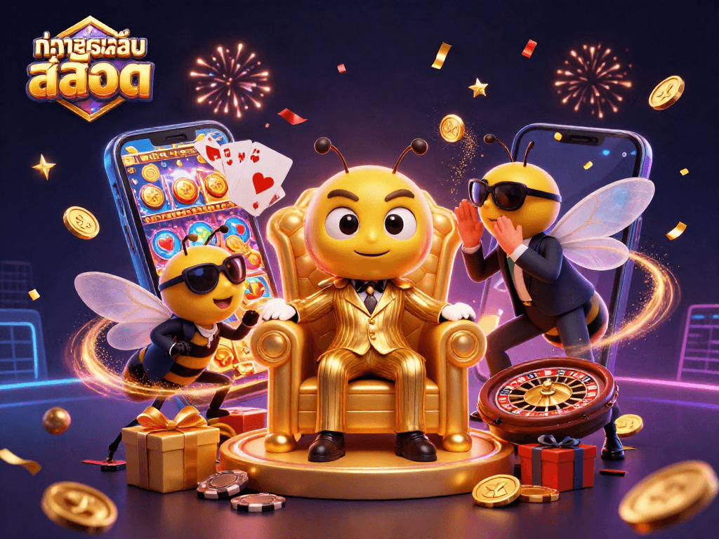 Play ทดลองเล่นสล็อต with engaging visuals of a bumblebee mob boss and casino elements thriving in excitement.
