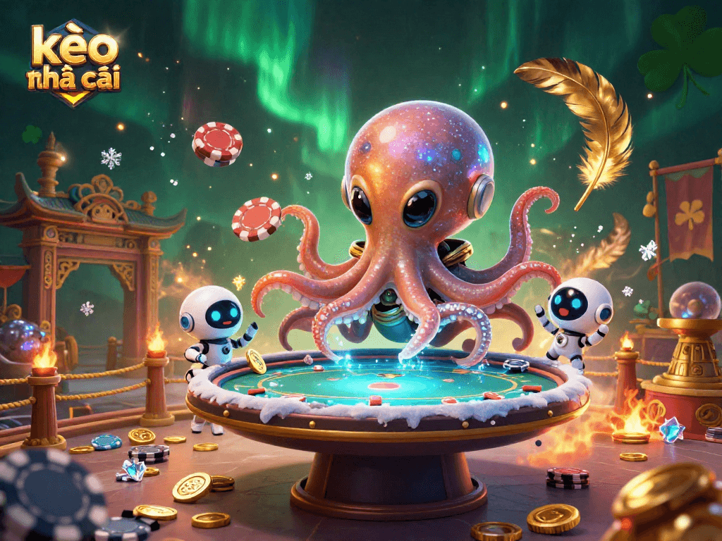 Engage with kèo nhà cái at a dynamic holographic poker table in a vibrant alien casino.