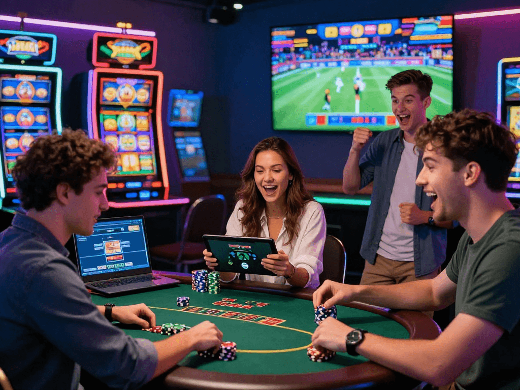Scène de casino en ligne avec des joueurs engagés, illustrant l'excitation du jeu en direct et des paris sportifs.