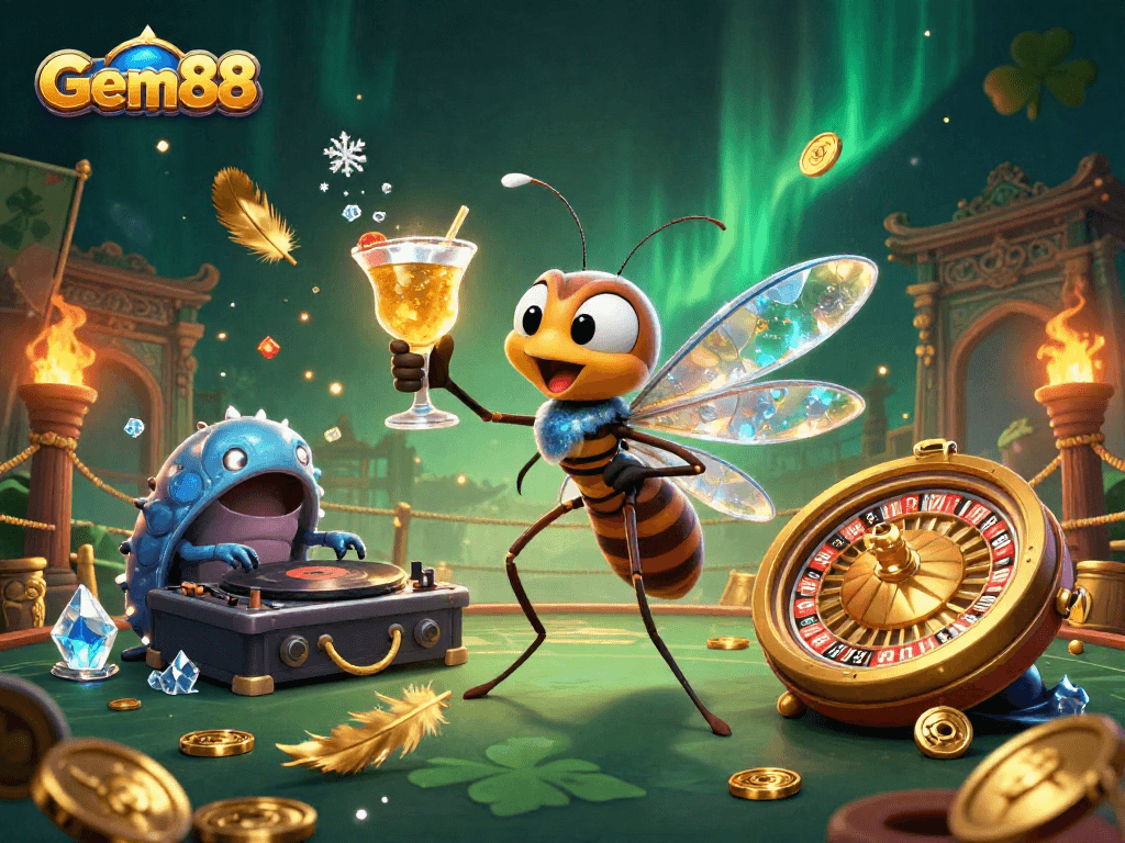Experience Gem88's thrilling gaming moments with a vibrant casino mascot and unique elements.