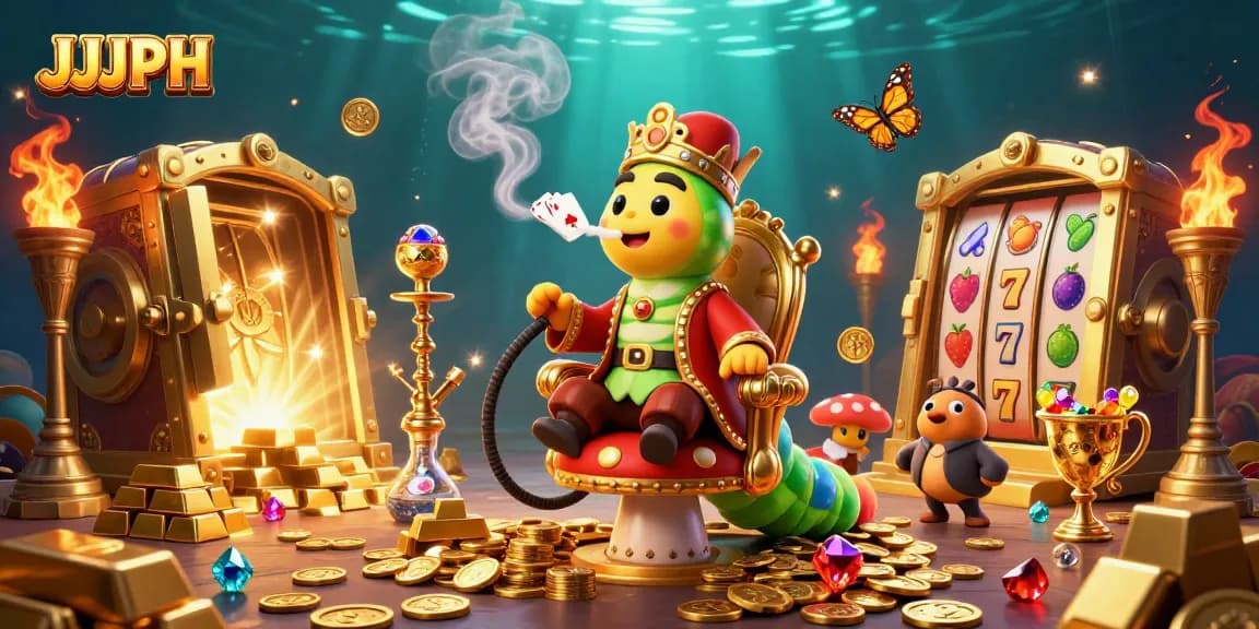 Engage with JJJPH's vibrant casino experience featuring a caterpillar hookah-master amidst slot reels and treasure.