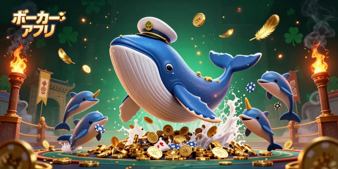 ポーカーアプリで遊ぶ巨大的なクジラと仲間の海の生き物の楽しいシーン。