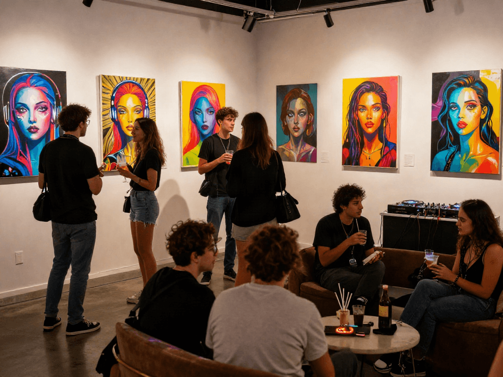 A vibrant urban nightlife gallery scene with friends exploring nsfw ai inspired artwork, engaging conversations, and ambient lighting.