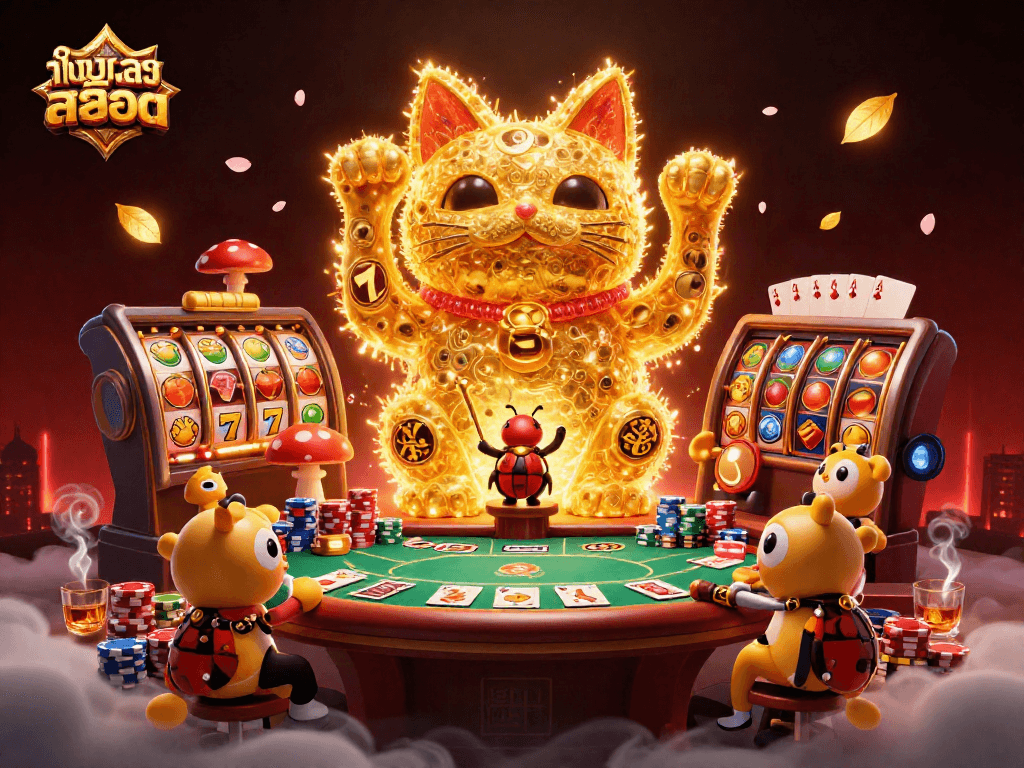 Engage in ทดลองเล่นสล็อต with a vibrant 3D illustration showcasing dynamic casino symbols and a lucky cat.