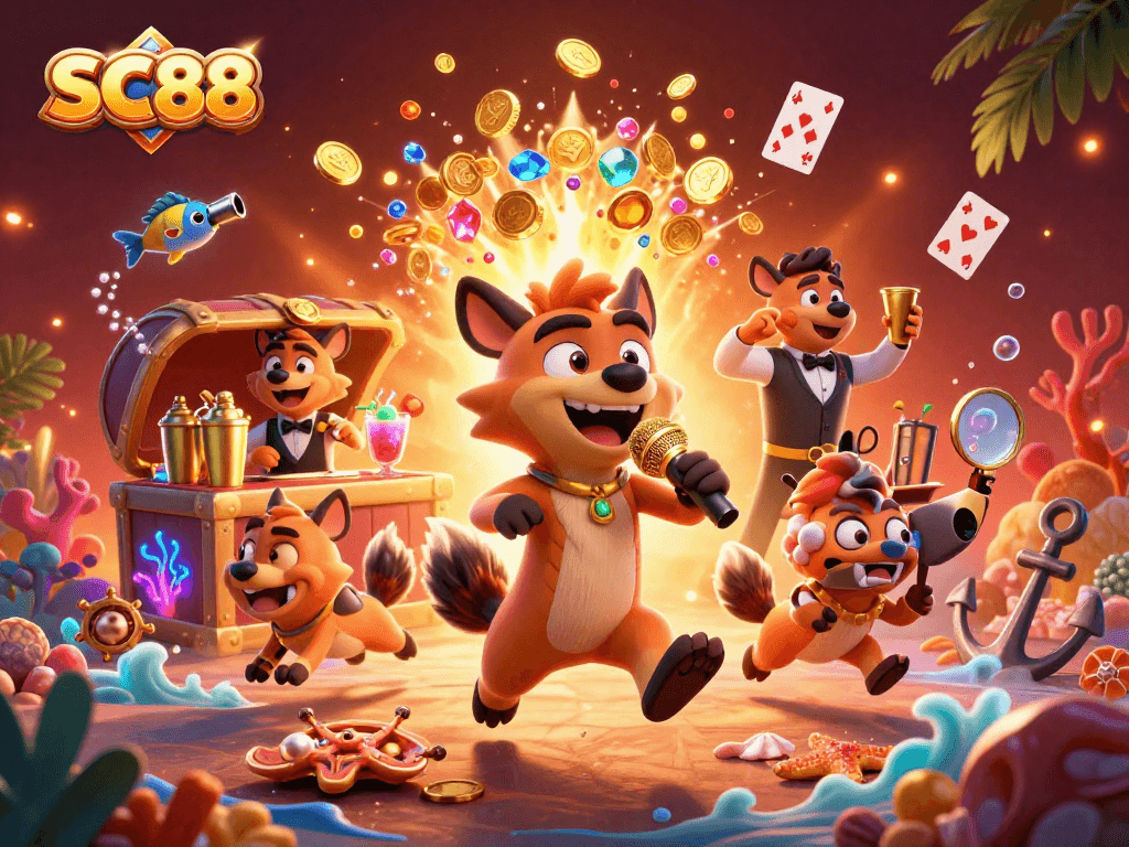 SC88 hyenas enjoying a vibrant casino scene with comedy and drinks amidst underwater treasures.
