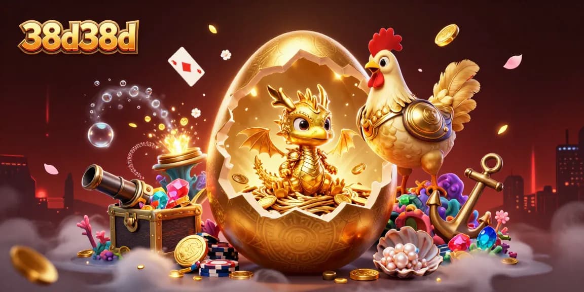 Ilustração 3D do 38d38d com dragão dourado no ninho de fichas de poker, tesouros e elementos de cassino.