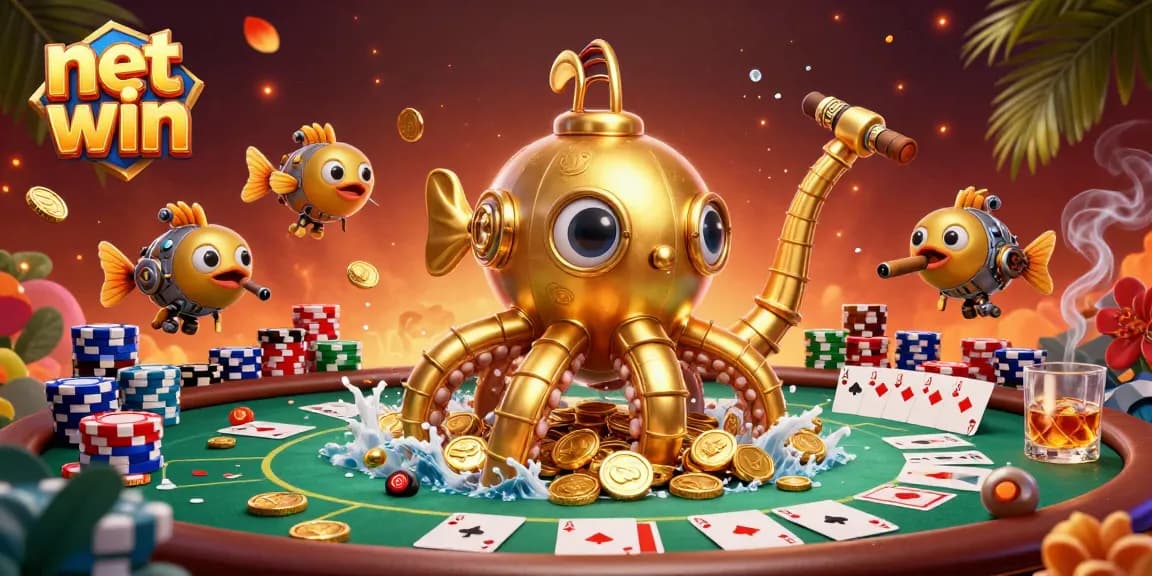 Engage in the net win strategy, with a golden kraken submarine surrounded by poker games and treasures.