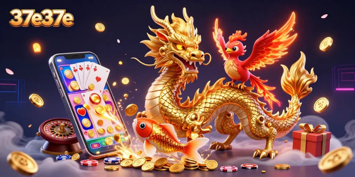 37e37e traz uma cena vibrante de cassino com dragão e fênix, rodeados por jogos e moedas.