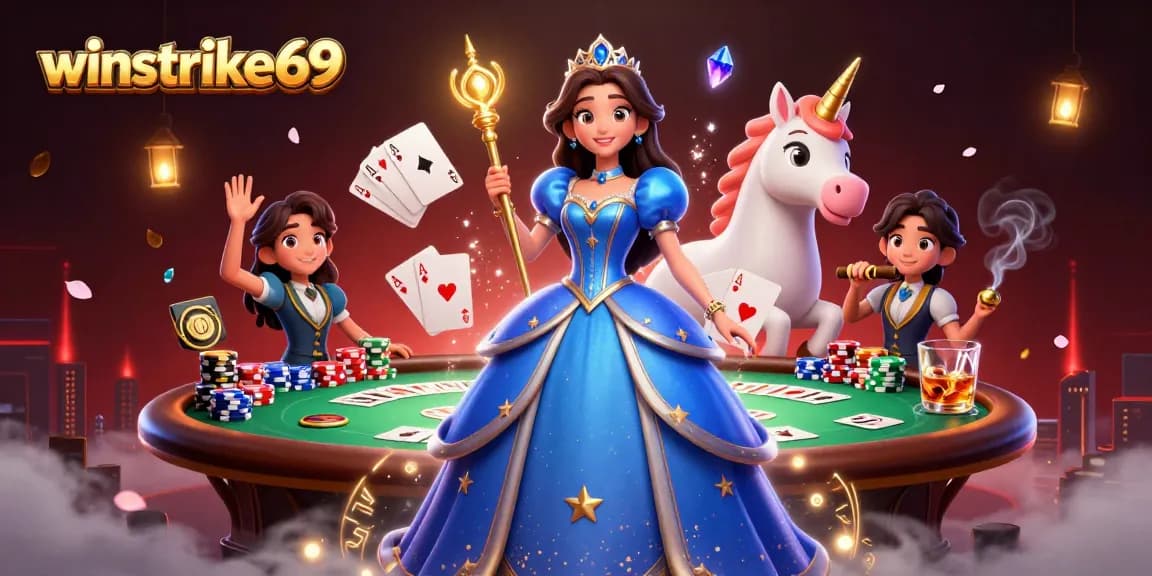 Engage in the excitement of winstrike69 with a dynamic casino scene featuring vibrant characters and gaming elements.