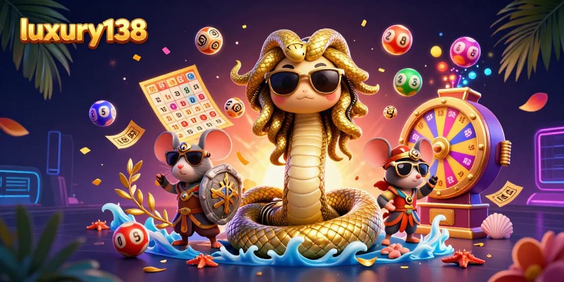 Menangkan permainan lotere di luxury138 dengan simbol berwarna-warni dan karakter menarik dalam ilustrasi.