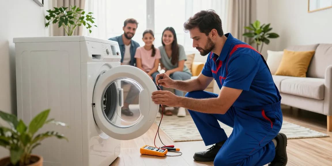 Washing machine repair technician troubleshooting an appliance in a Deira apartment.