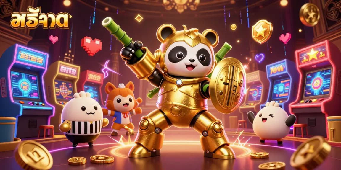 Spin and win at สล็อต with vibrant 3D cartoon casino scene featuring a golden panda and interactive game machines.