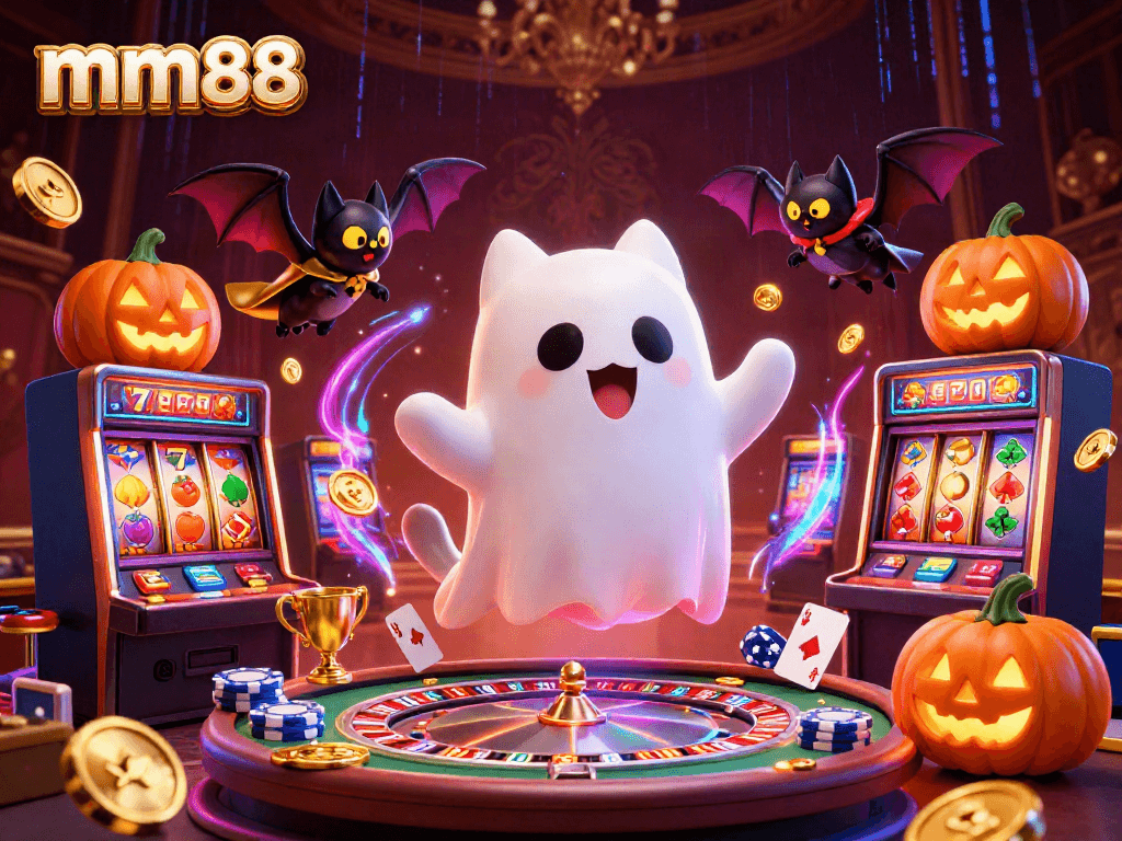 Experience thrilling gameplay at mm88 with a lively ghost cat and poker-themed environment.