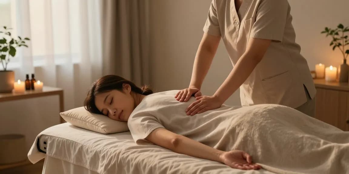 Relaxing 종로출장마사지 scene with a young woman enjoying a soothing massage in a tranquil home environment.