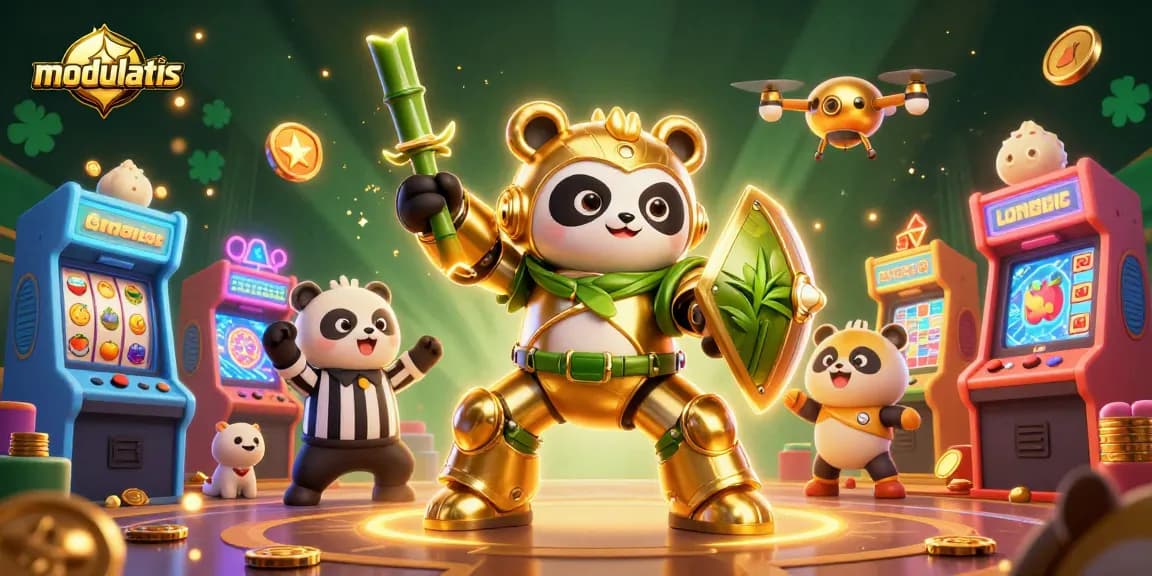 Menggali kemenangan dengan modulatis dalam slot online, dikelilingi mesin permainan yang bercahaya.