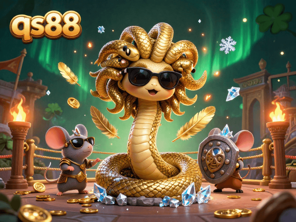 Bettors dive into qs88's exciting world of games, surrounded by playful characters and rich casino elements.