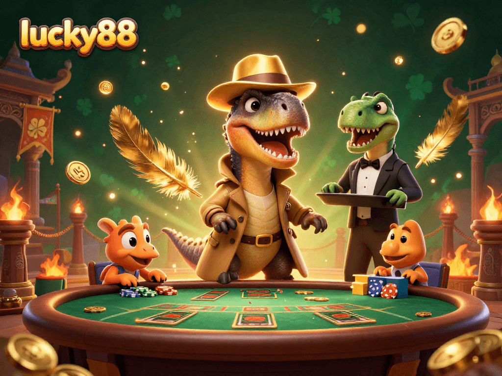 Experience engaging gameplay at lucky88, featuring a velociraptor card counter and stegosaurus pit boss in a vibrant casino scene.