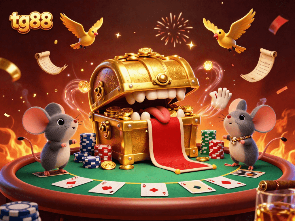 Engage in excitement at tg88 casino with a treasure chest and poker elements in a vibrant scene.