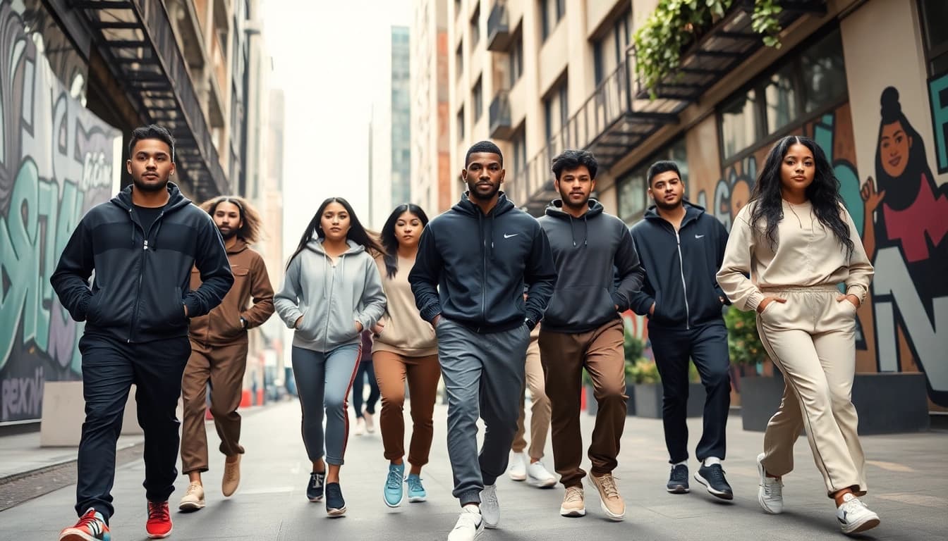 Stylish individuals in Essentials Tracksuit showcasing urban streetwear fashion.
