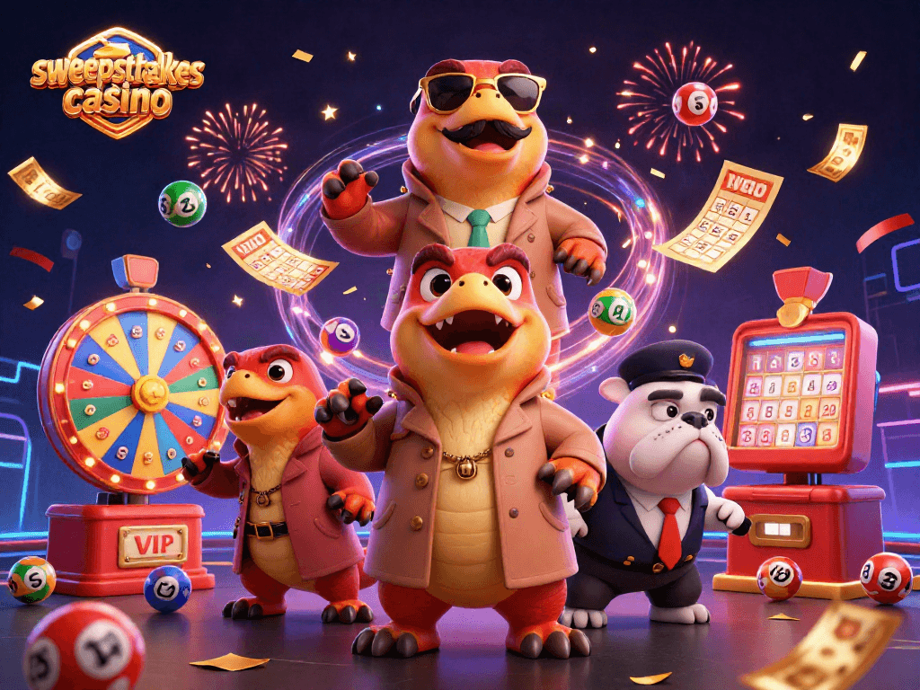 Engage in the excitement of a sweepstakes casino with raptors and vibrant elements in a dynamic scene.