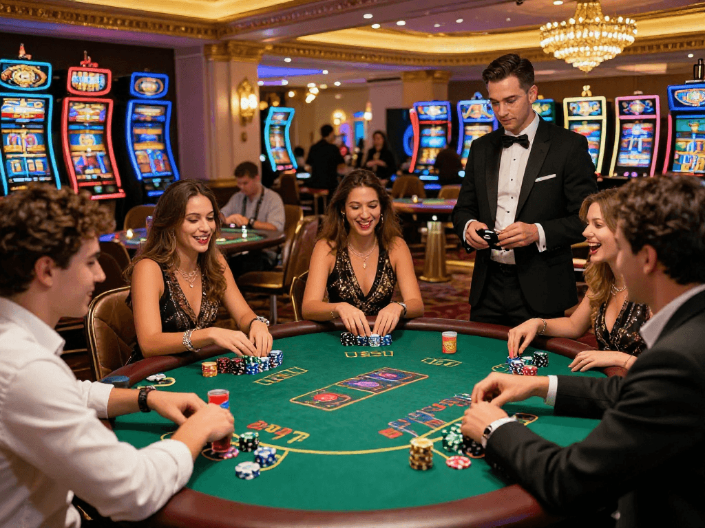 Dynamic casino scene featuring friends enjoying vin88 games with colorful chips and cocktails.