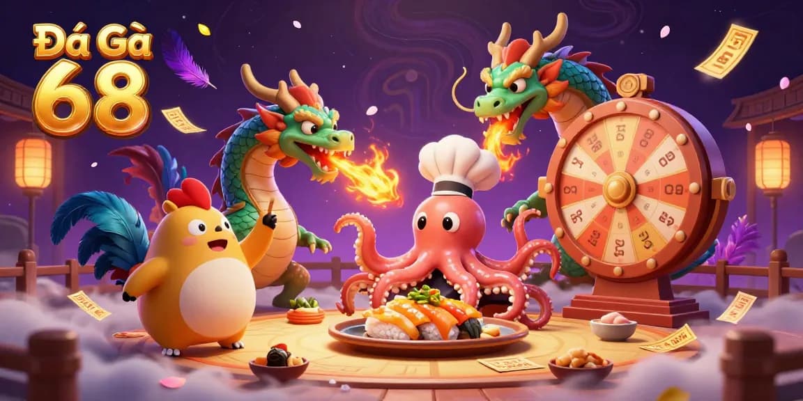 Engage in thrilling Đá Gà 68 action with an octopus chef, dragon, and excited tanuki.