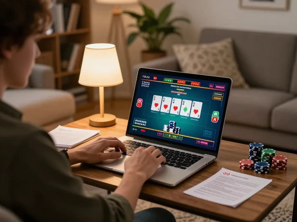 The hidden wiki showing a person engaged in online poker game, emphasizing responsible gaming and strategic play.