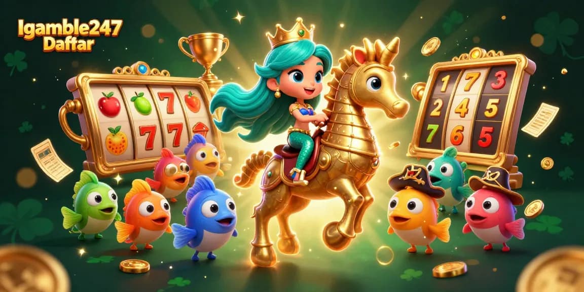 Win big with Igamble247 Daftar featuring a mermaid princess, vibrant slots, and golden treasures.
