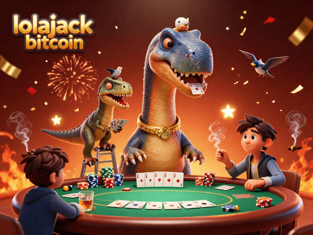Engage in thrilling poker with lolajack bitcoin at a unique dinosaur-themed casino scene.