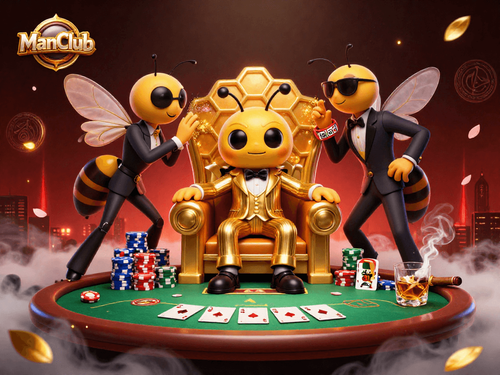 ManClub showcases a 3D cartoon bumblebee mob boss surrounded by vibrant poker elements