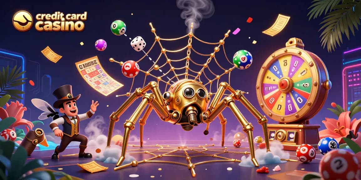 Catch thrilling action at a credit card casino with a steampunk spider and vibrant game elements.