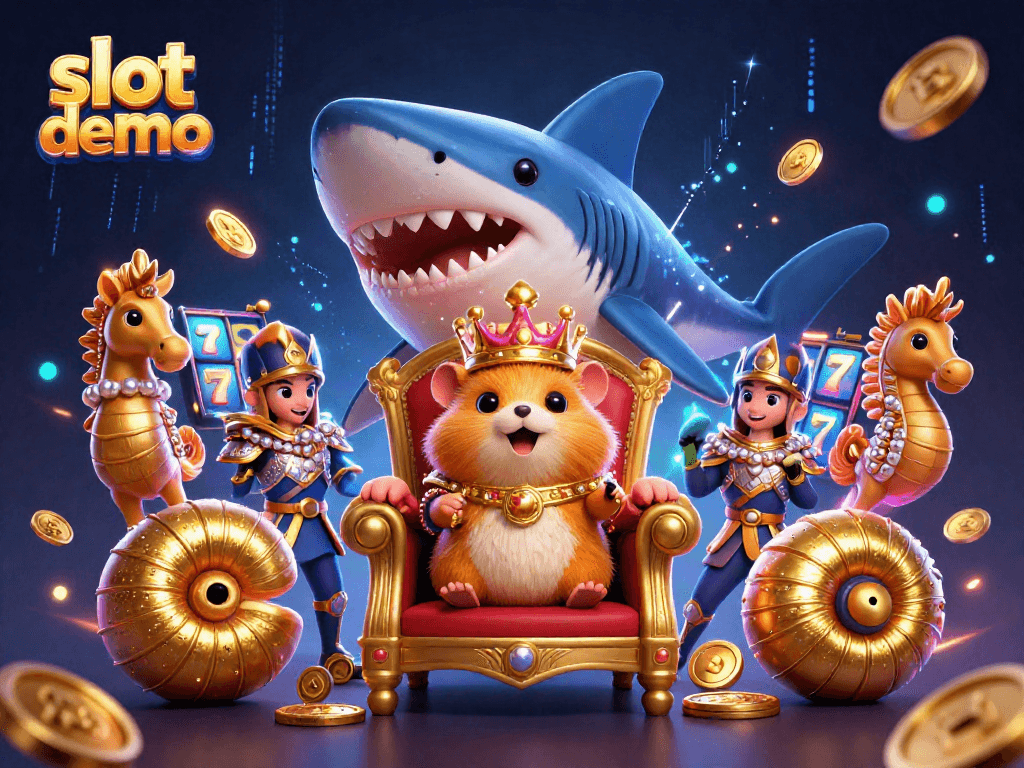 Spin the slot demo with a king hamster, seahorse guards, and dynamic casino elements.