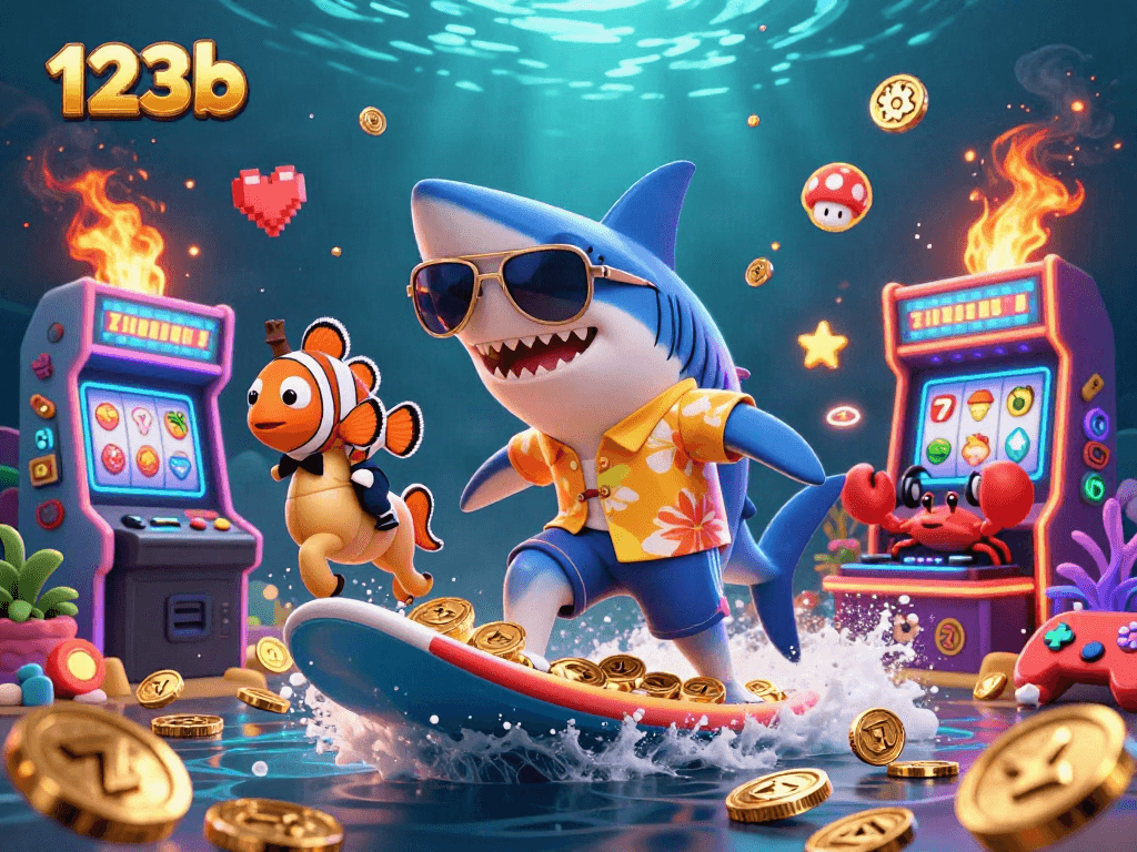Surf thrilling wins at 123b with a lively casino-themed underwater scene.