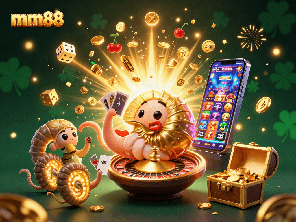 Experience mm88 in this vibrant 3D illustration of jackpots and colorful casino elements.