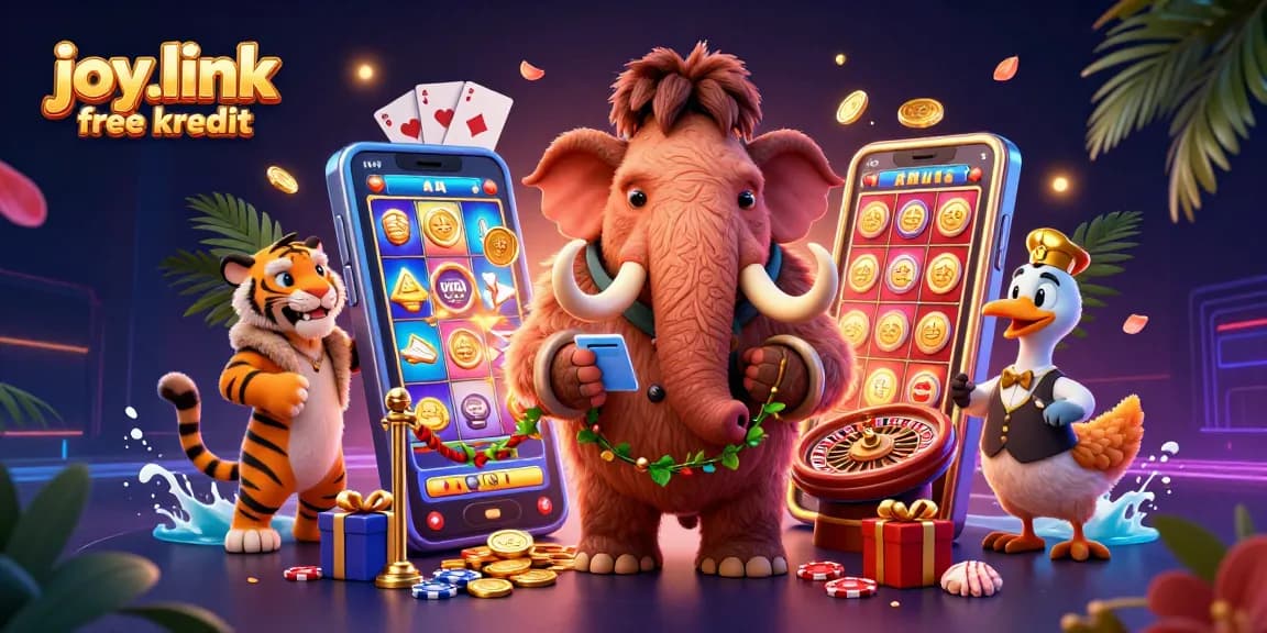 Experience joy.link free kredit with a vibrant scene of casino characters enjoying games, including slots and cards.
